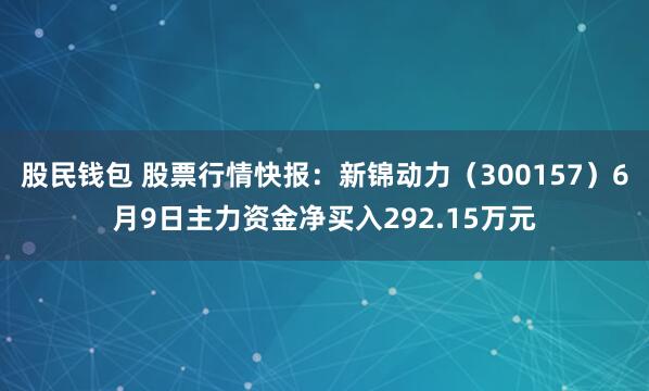 股民钱包 股票行情快报：新锦动力（300157）6月9日主力资金净买入292.15万元